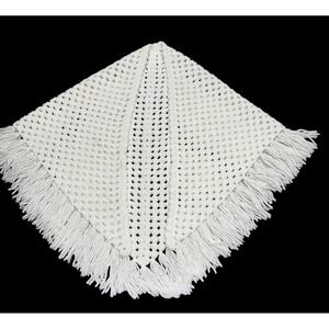 White Hand Crocheted Fringe Shawl Wrap Triangle Boho Bridal Cottage-core 54x30
